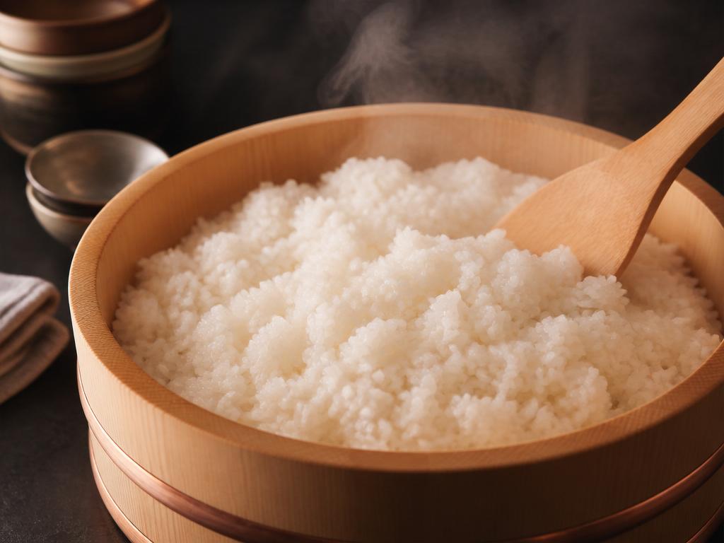 Arroz de sushi perfeito em uma tigela de madeira com pás de bambu