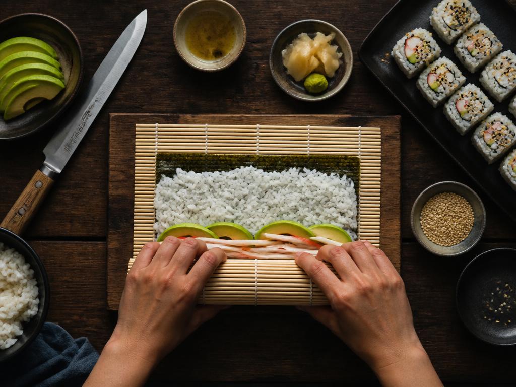 Enrolamento de uramaki em esteira de bambu com ingredientes ao redor