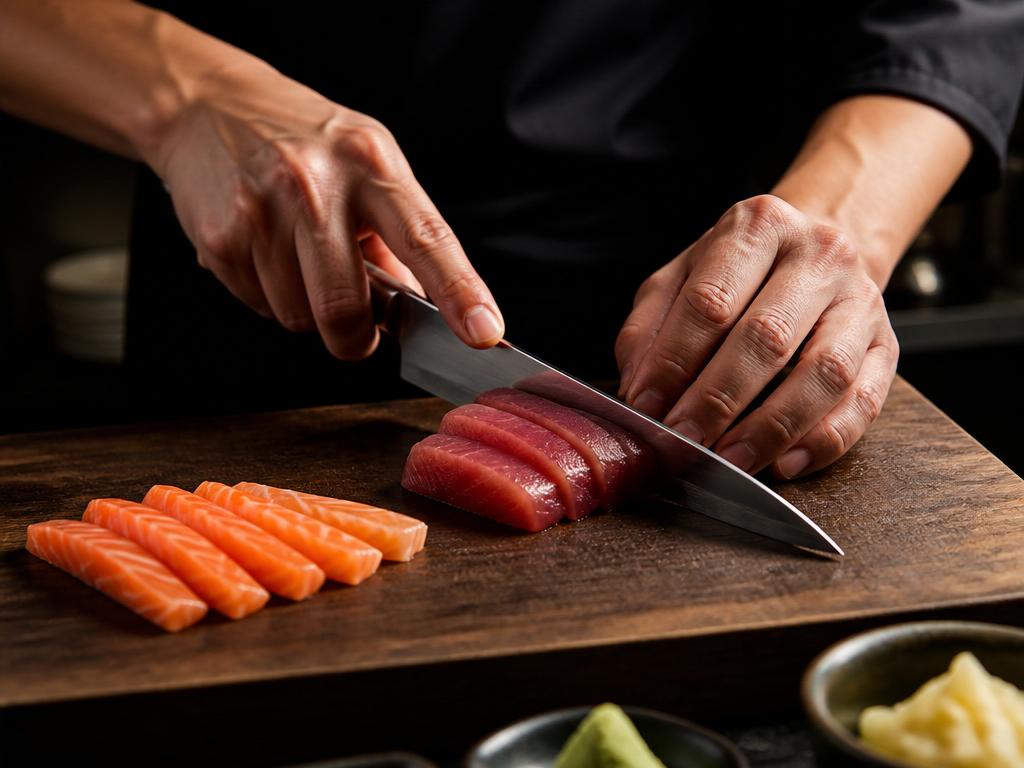 Mãos de chef cortando sashimi de atum fresco com faca japonesa